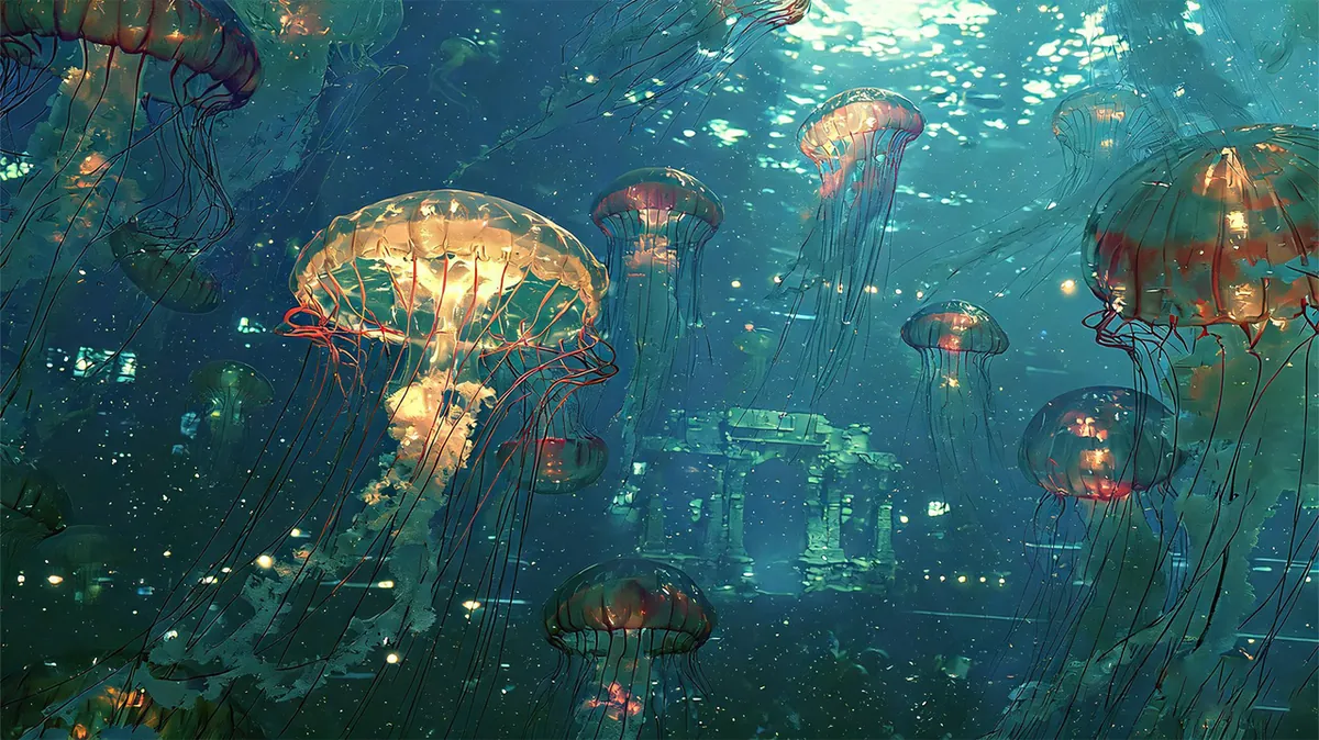 Glowing jellyfish drifting over an underwater forest