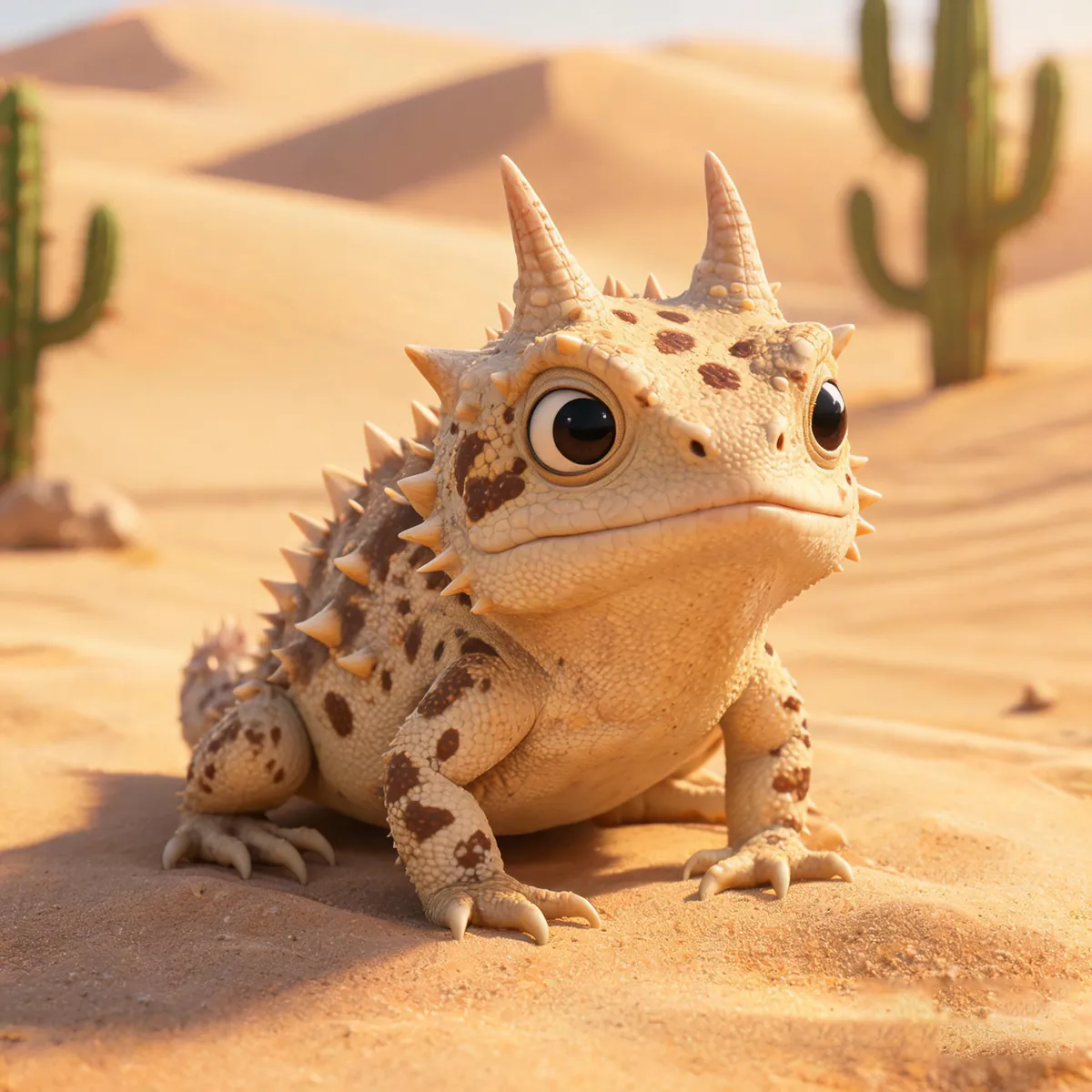 A 3D horned toad sitting on desert sand beside a cactus