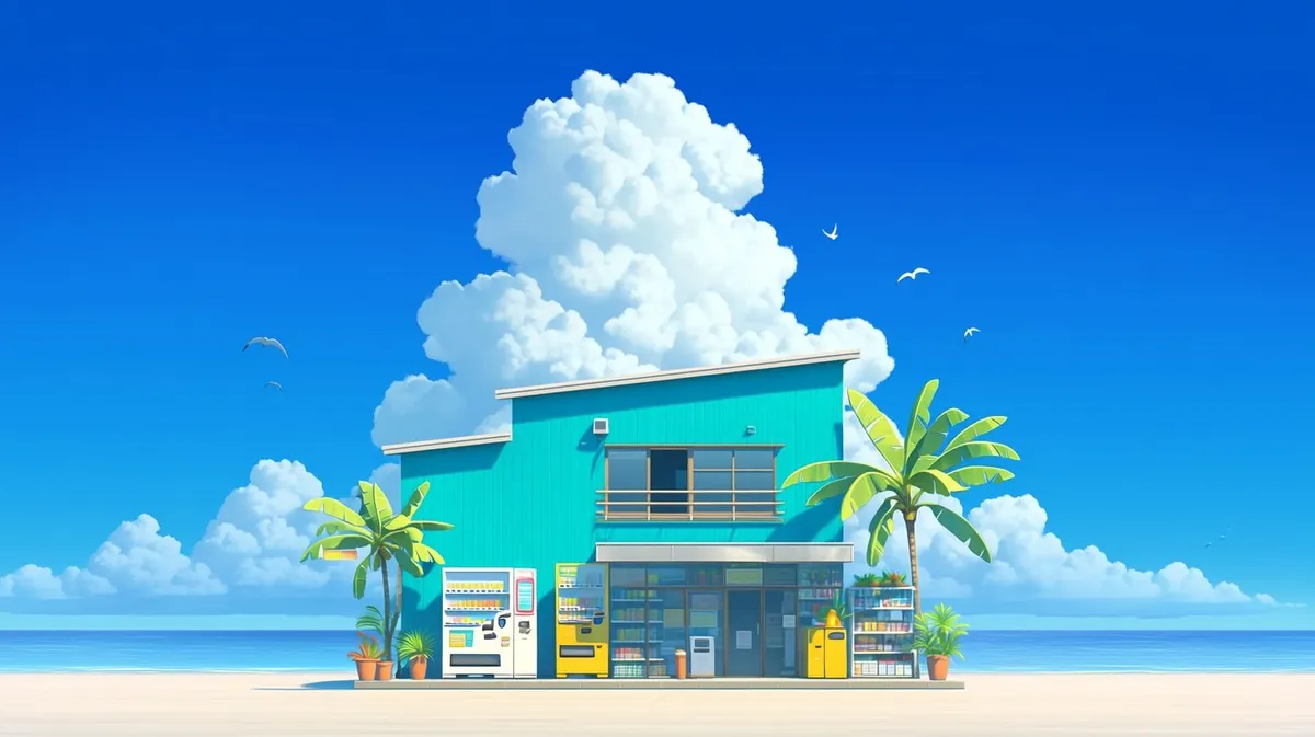 A bright cartoon beach house under a tall white cloud