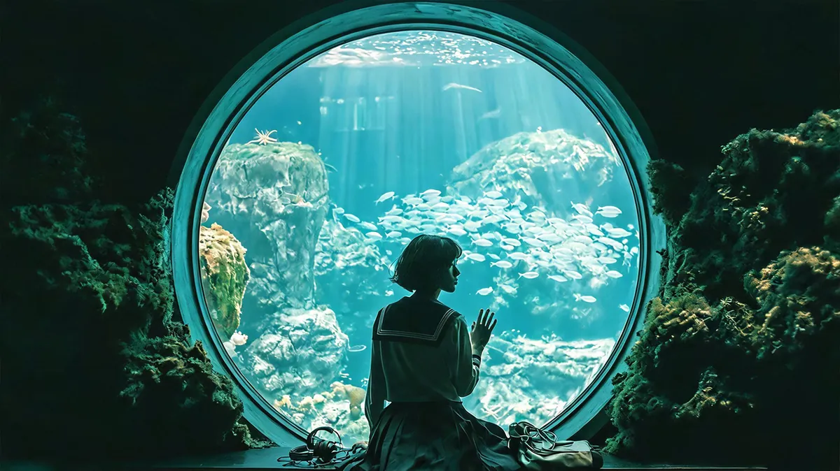 A figure looking out of a round window into a huge aquarium