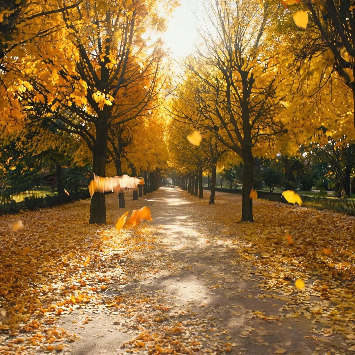 An autumn path lined with golden trees at sunset