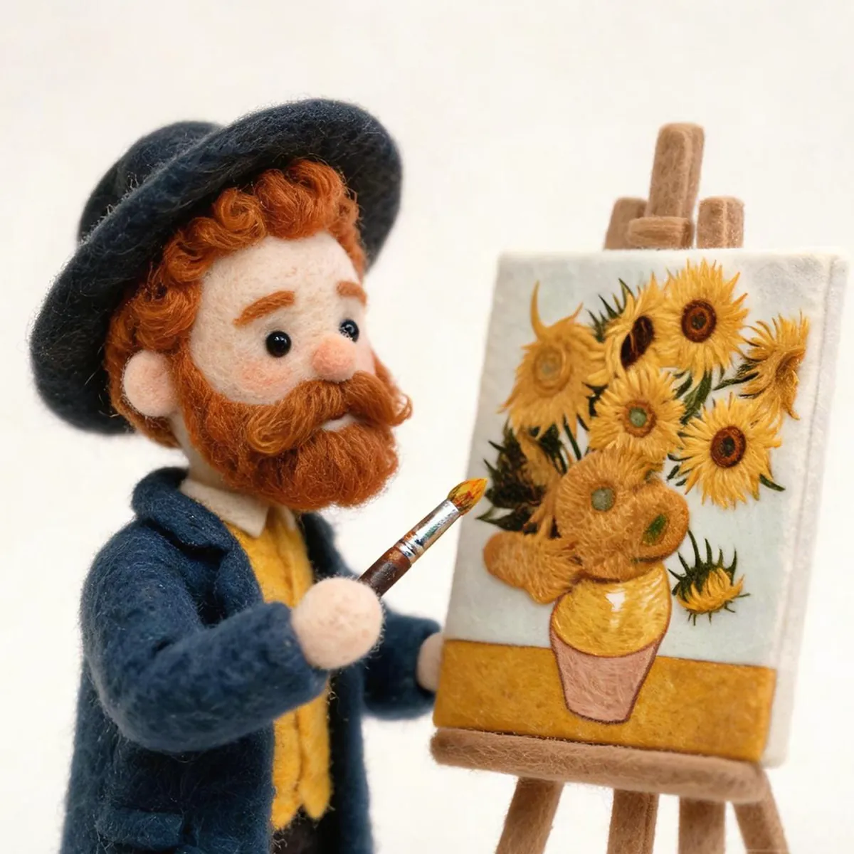 A cartoon painter in a straw hat at his easel, painting sunflowers