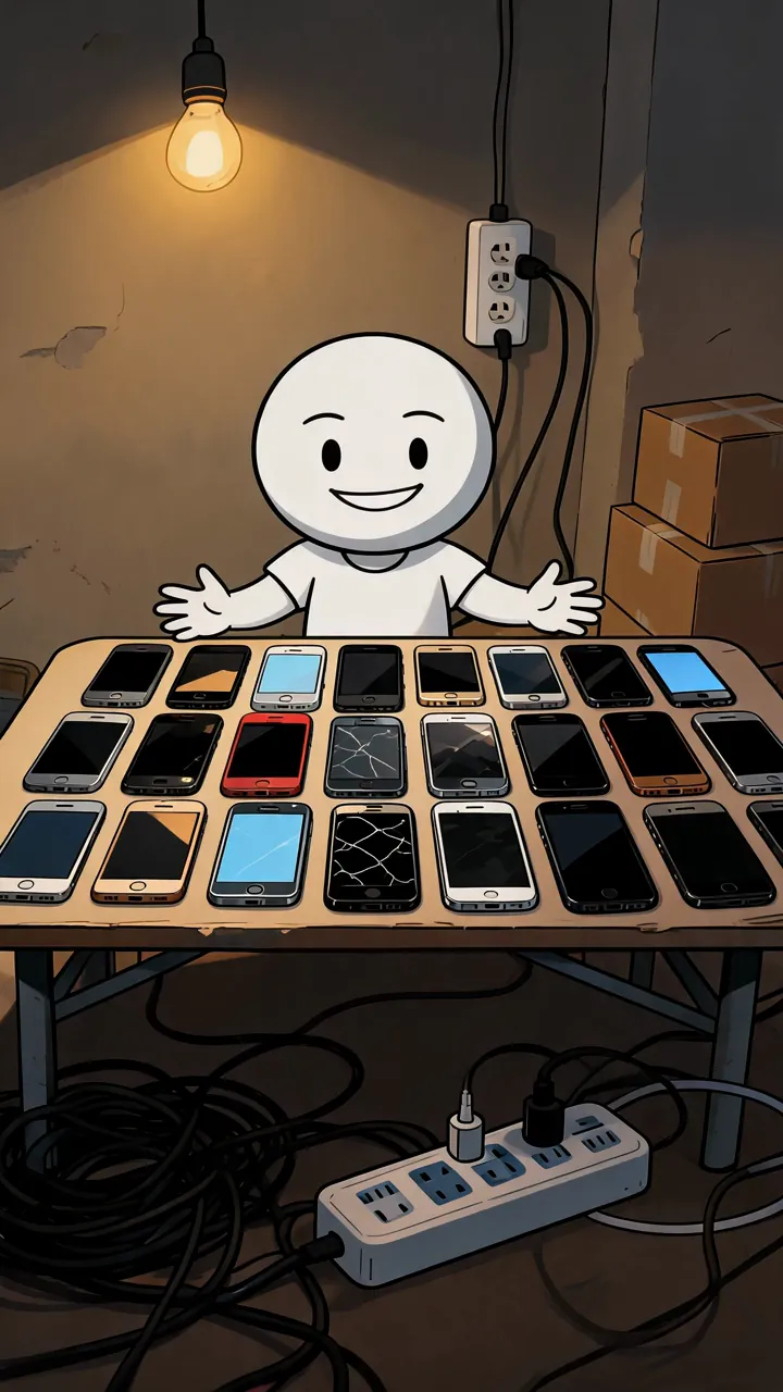 Stick-figure illustration: a man at a workbench under a bare bulb, covered in thirty used phones