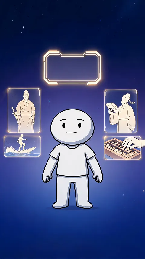 Stick-figure illustration: a character on a glowing stage surrounded by floating picture cards